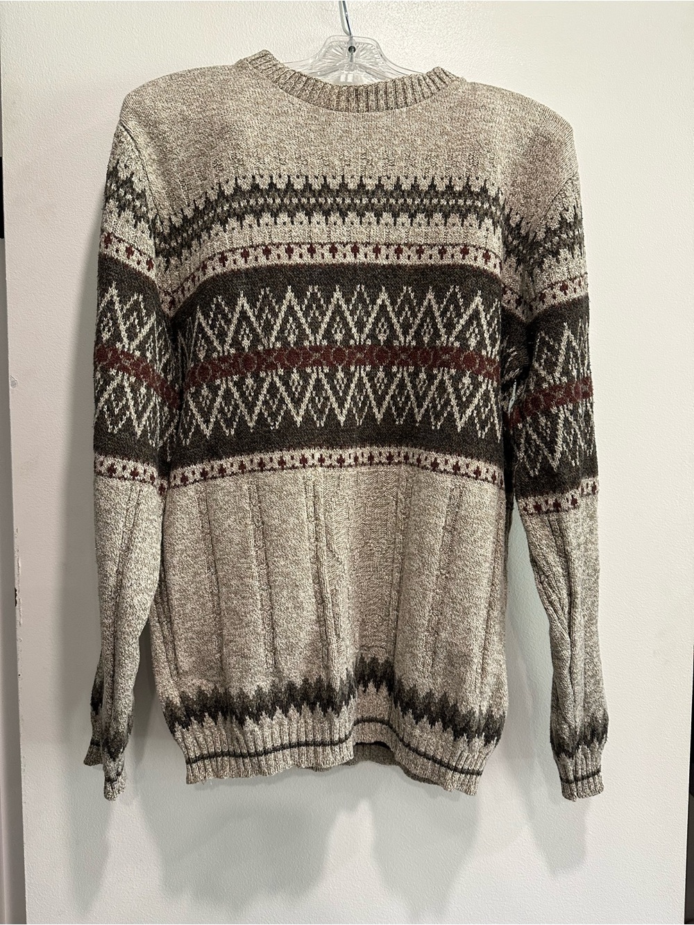 Vintage Crewneck Fair Isle Knit Sweater - Beige with Brown & Rust Pattern